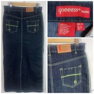 Vintage Goddess Y2K Maxi‎ Denim Skirt back slit neon pop 7/8